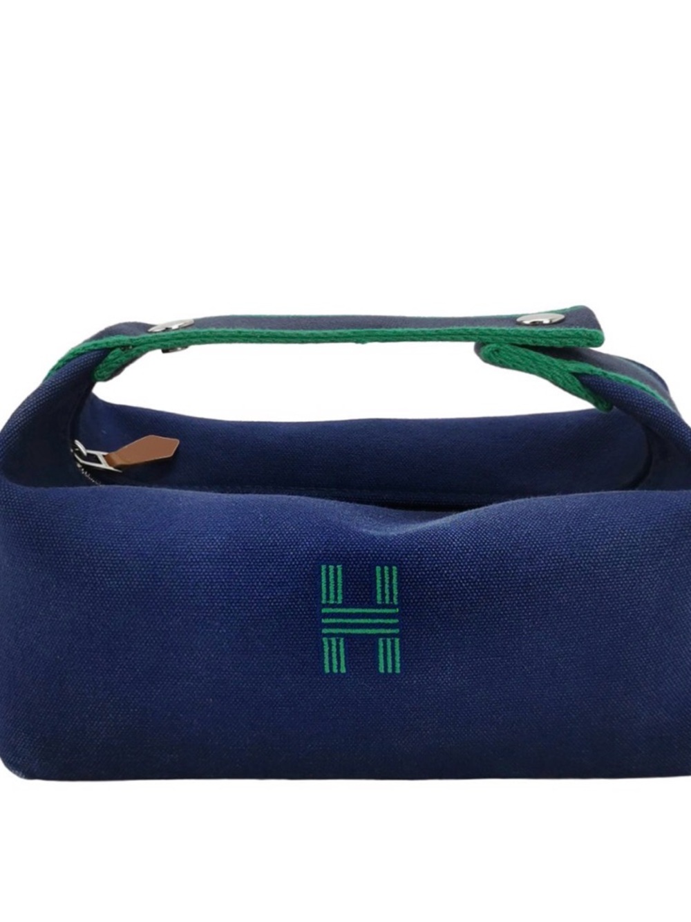 Hermes Bride-a-Brac Navy Canvas Toiletry Bag with Green Trim